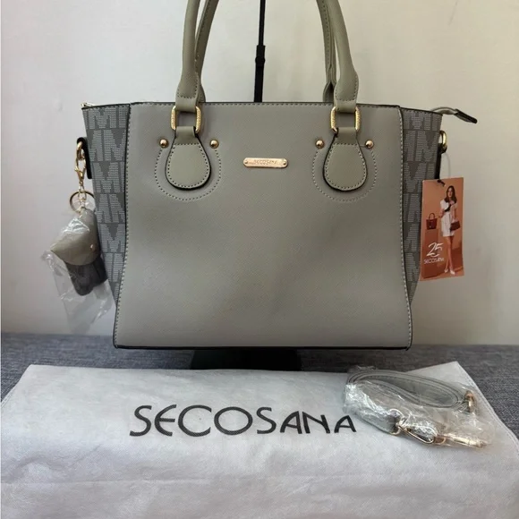 Gray Satchel with Gold Accents and Structured Design - Picture 1 of 11